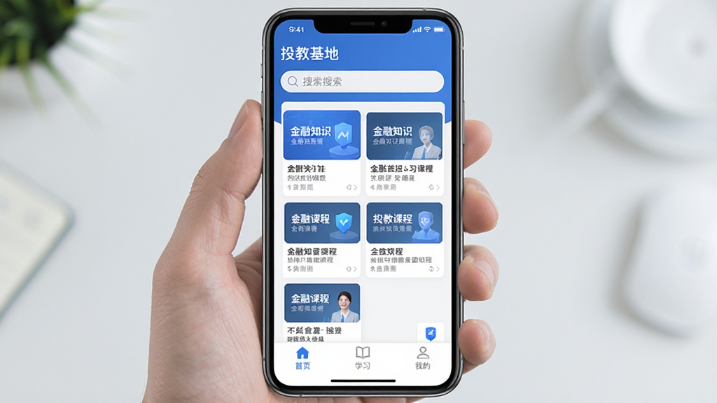 һ��չʾ�ֻ�Ӧ�ý����ͼƬ��������������Ϊ��Ͷ�̻��ء���App�����棬������Ƽ��󷽣�����ɫ�Ͱ�ɫΪ��ɫ�������������������м����������еĽ���֪ʶ�γ̿�Ƭ���ײ��С���ҳ������ѧϰ�������ҵġ�����������ť���������ִ���רҵ���ɾ�������������û�ж���Ĺ��Ԫ�أ�����һ�����˰��ĵ�ѧϰ��Χ��