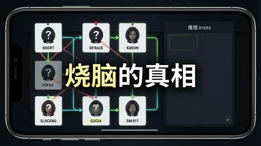 一张烧脑的真相游戏内逻辑推演界面的图片,主体是手机屏幕显示着多条线索卡片排列在推理墙上,布局为左侧线索库右侧推理板,排版采用卡片式拖拽设计,风格是深色背景配合高亮标记线,细节包含连接线、问号图标和嫌疑人头像,画质清晰干净无多余元素,图片中打文字“烧脑的真相”。