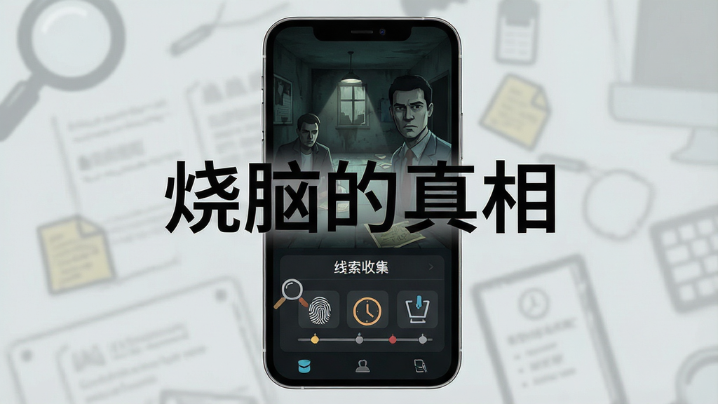 一张展示烧脑的真相应用核心界面的图片,主体是手机屏幕显示着悬疑风格的案件现场画面,布局为中央大图配合下方线索收集栏,排版清晰简洁,风格偏向暗色调悬疑推理风,细节上包含放大镜、指纹、时间线等推理元素图标,画质干净无多余元素,图片中打文字“烧脑的真相”。