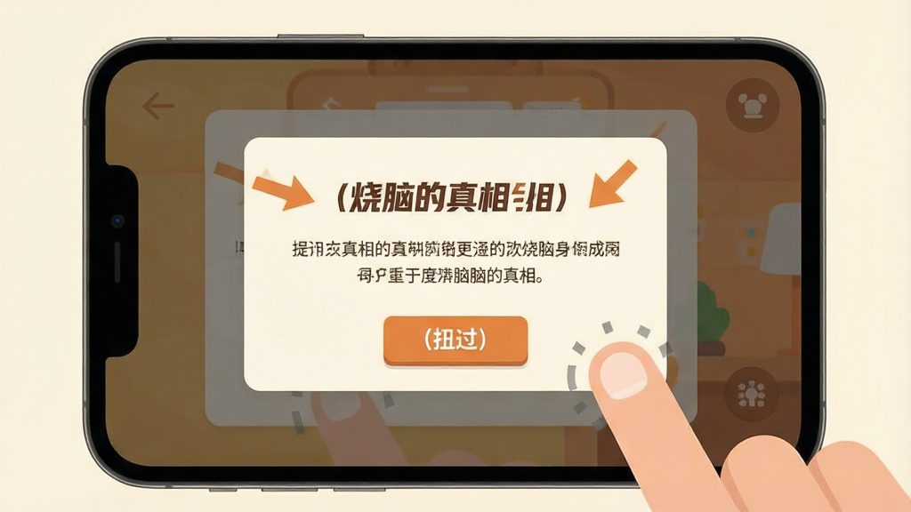 一张展示烧脑的真相新手引导界面的图片,主体是手机屏幕显示着教程提示框和手指点击指引,布局为中央弹窗配半透明遮罩,排版简洁明了,风格是扁平化设计配合暖色调,细节包含箭头、文字说明和跳过按钮,画质干净无多余元素,图片中打文字“烧脑的真相”。