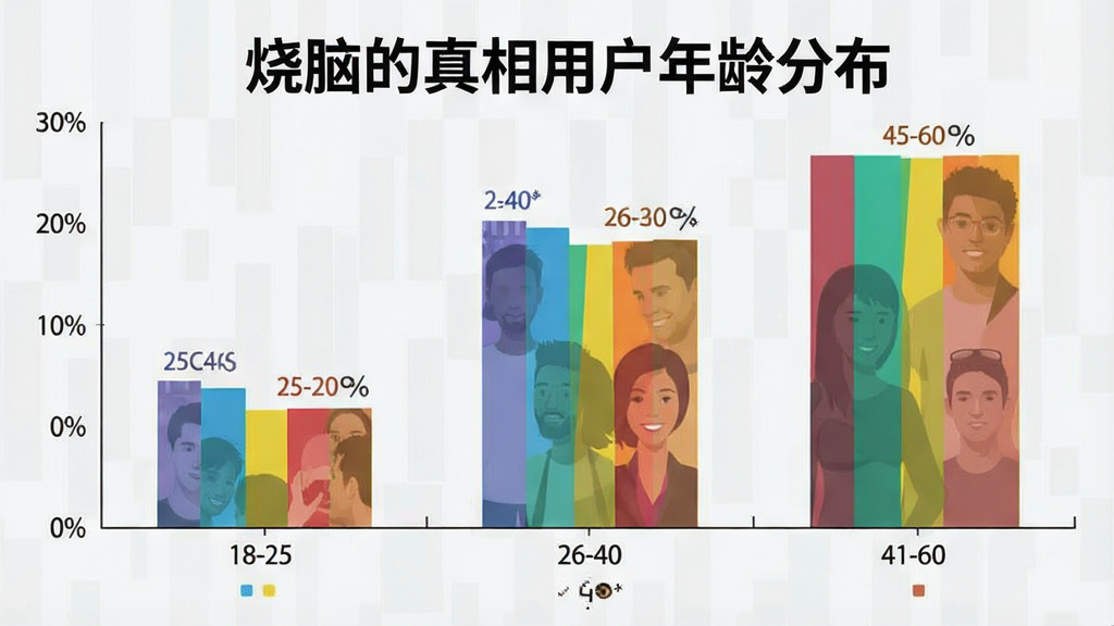 一张展示烧脑的真相玩家年龄分布的柱状图图片,主体是彩色柱状图显示不同年龄段用户占比,布局为横轴年龄纵轴百分比,排版清晰标注各年龄段数据,风格是扁平化数据可视化设计,细节包含18-25岁、26-40岁、41-60岁三个区间柱条,画质干净无多余元素,图片中打文字“烧脑的真相用户年龄分布”。