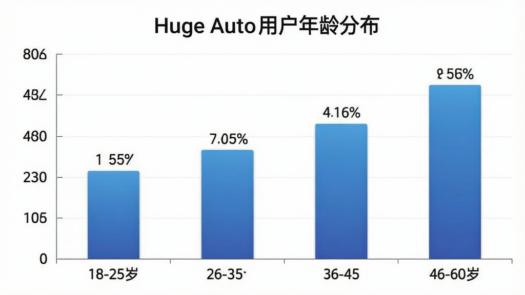 һ����״ͼչʾHuge Auto�û�����ֲ���ͼƬ������Ϊ�����18-25�ꡢ26-35�ꡢ36-45�ꡢ46-60�꣬����Ϊ�û�����ռ�ȣ���״ͼ��ɫΪ�������ɫ��ͼ���Ϸ��б���