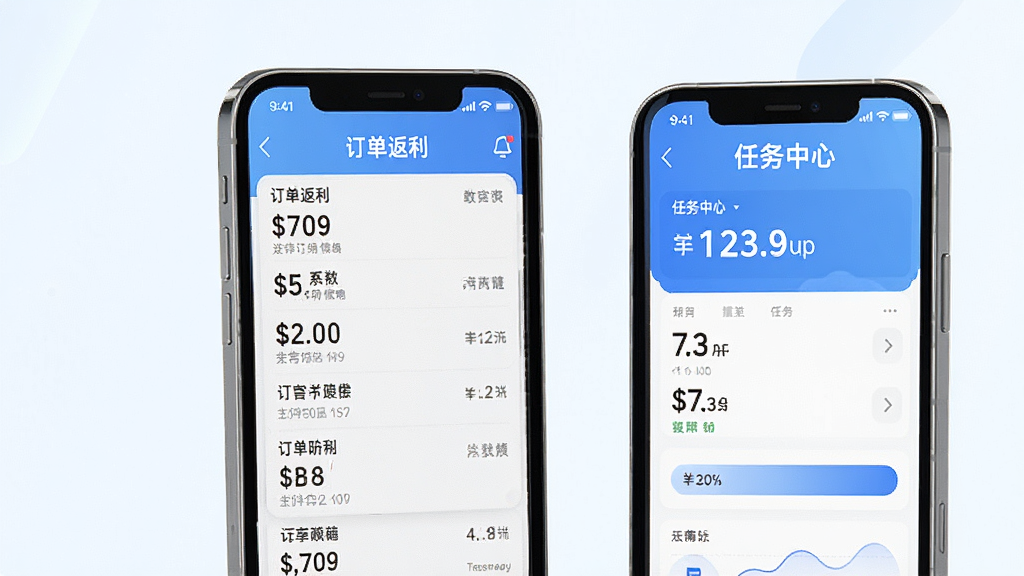 赚生活App功能展示图,画面中一部手机展示订单返利明细列表,另一部手机展示任务中心界面,背景为简洁的浅色渐变,风格商务清新,细节清晰,画质干净