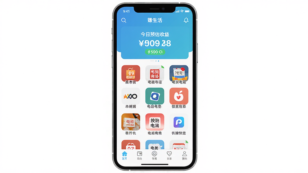 赚生活App主界面截图,画面中心展示手机屏幕,屏幕内显示赚生活应用首页,顶部有今日预估收益金额,中部是各大电商平台快捷入口图标,底部导航栏清晰,整体配色清爽,风格现代扁平,画质干净无多余元素