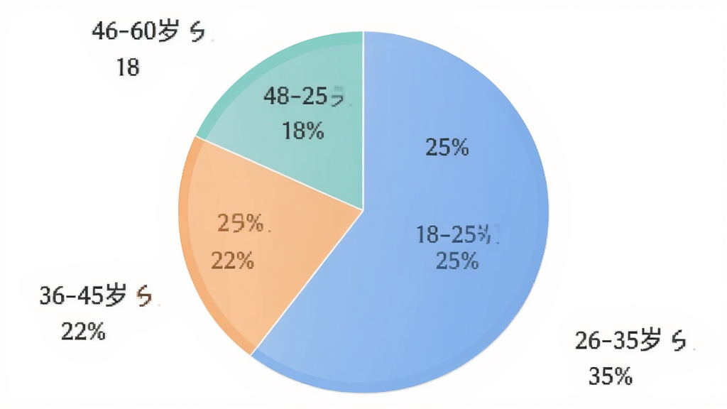 赚生活App用户年龄分布饼状图,画面中心为饼状图,标注18-25岁占比25%,26-35岁占比35%,36-45岁占比22%,46-60岁占比18%,配色柔和,风格商务简洁,画质干净无多余元素