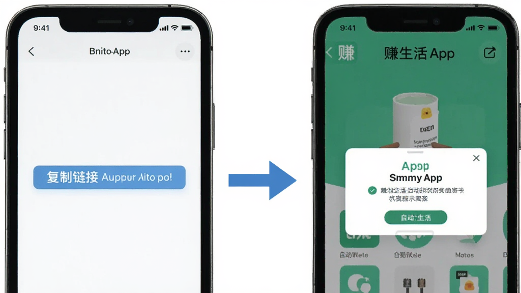 赚生活App使用教程示意图,画面中一部手机显示复制链接界面,箭头指向另一部手机显示赚生活App自动识别弹窗,背景简洁,风格扁平化,画质清晰干净