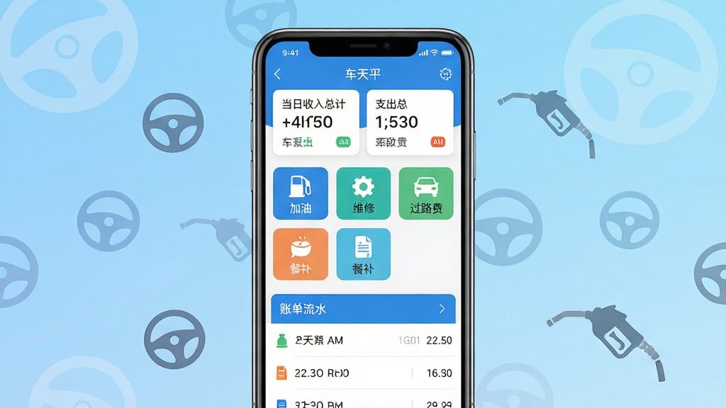 车天平应用界面整体展示,手机屏幕居中放置,屏幕内显示车辆收支记账应用主页面,顶部有当日收入总计和支出总计两个数字卡片,中间是加油、维修、过路费、餐补等快捷记账图标按钮,底部是账单流水列表,整体采用蓝白配色,风格简洁干净,扁平化设计,手机周围有淡淡的汽车方向盘和油枪小图标作为氛围点缀,背景为纯色渐变,画质清晰,无多余元素