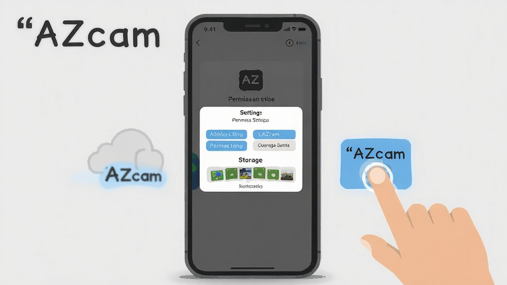 一张AZcam新手操作指引的示意图,主体是手机屏幕,屏幕上显示着权限设置界面和存储选项,旁边有手指点击的示意,背景是简洁的浅灰色,风格扁平化,文字标签清晰,画质干净,无多余元素,图片中文字必须加引号