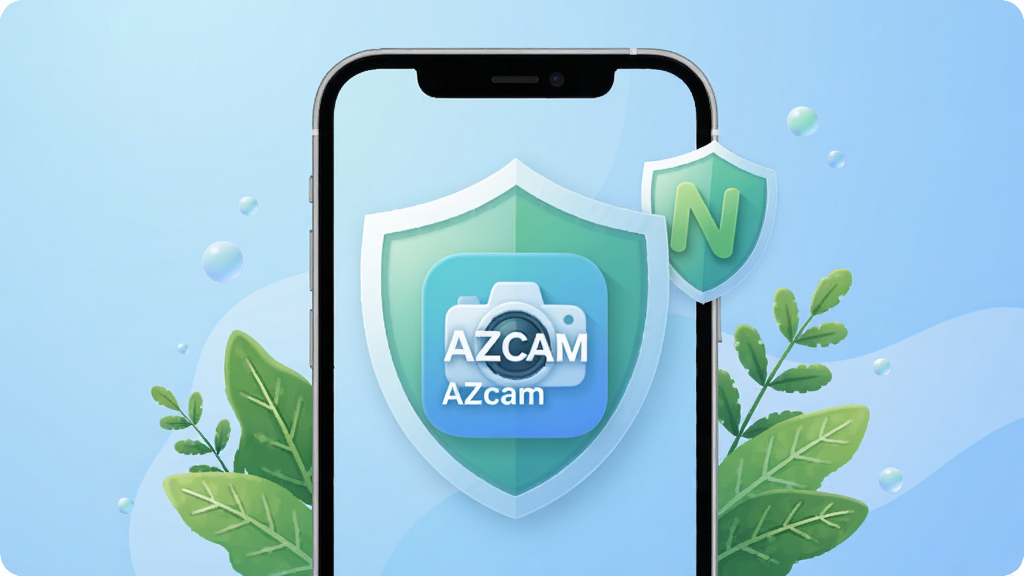 一张表达AZcam无广告纯净体验的创意插图,主体是一个干净整洁的手机屏幕,屏幕上显示着