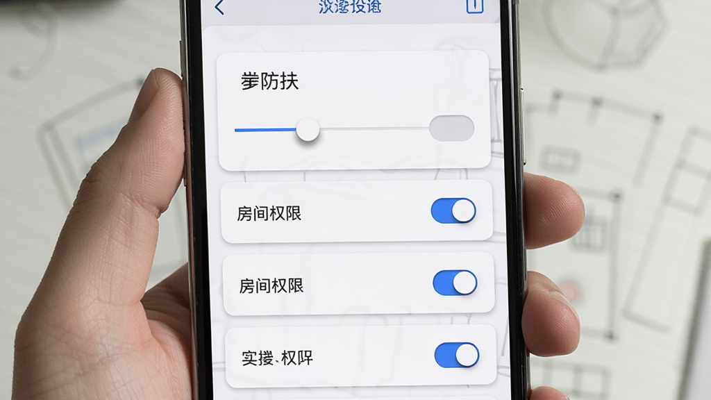 一张展示无边协同白板新手设置界面的生图,画面主体是手机屏幕显示白板设置菜单,菜单中包含画笔防抖滑块、房间权限开关等选项,布局为竖向排列的列表,风格是极简的卡片式设计,细节上开关按钮带有微弱的投影,画质干净,无多余元素