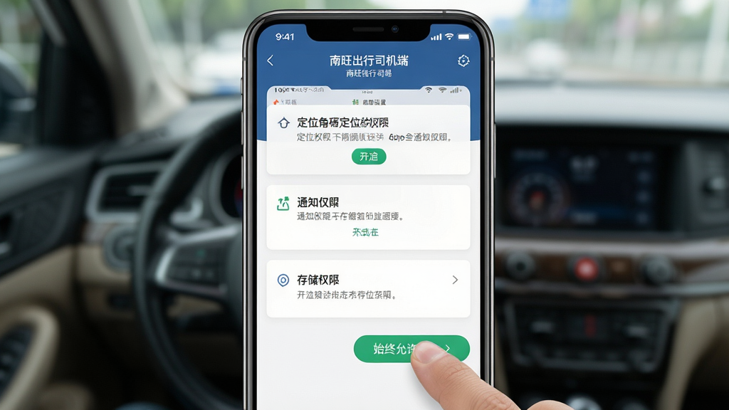 生成一张手机屏幕截图风格的图片,展示“南旺出行司机端”的权限设置引导页面,画面中央是手机屏幕显示定位权限、通知权限、存储权限的开启提示,背景为车内环境虚化,布局清晰,风格写实UI,细节有手指点击“始终允许”按钮,画质干净无多余元素