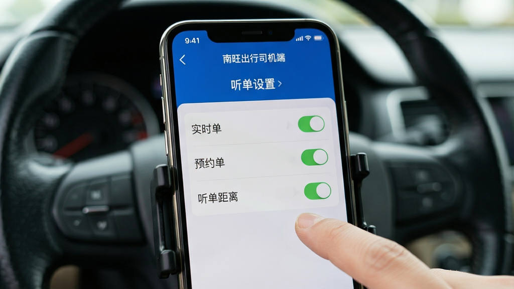 生成一张手机屏幕特写图片,画面中央是“南旺出行司机端”的听单设置界面,显示有“实时单”“预约单”“听单距离”等选项开关,背景是车内手机支架和方向盘虚化,主体为手机屏幕清晰展示,布局居中,风格写实UI展示,细节有手指点击开关的动作,画质干净无多余元素