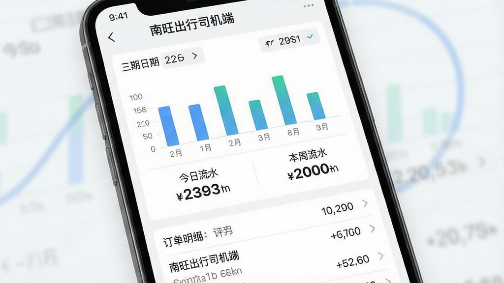 生成一张手机屏幕截图风格的图片,展示“南旺出行司机端”的流水统计页面,画面中央是柱状图和数字金额“今日流水”“本周流水”,下方有订单明细列表,背景为干净的浅色界面,布局清晰,风格扁平化数据可视化,细节有日期选择器和小箭头图标,画质高清无多余元素
