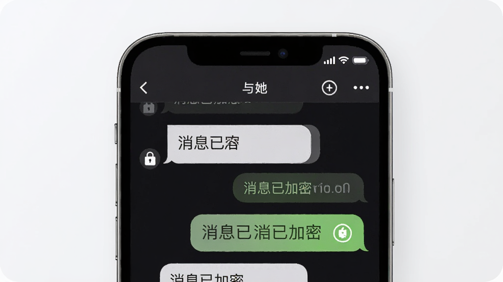 一张AI生成的图片,展示“与她”软件的私密聊天界面,画面中手机屏幕显示加密聊天气泡,有锁形图标和“消息已加密”提示,背景是简洁的深色主题,画质干净无多余元素
