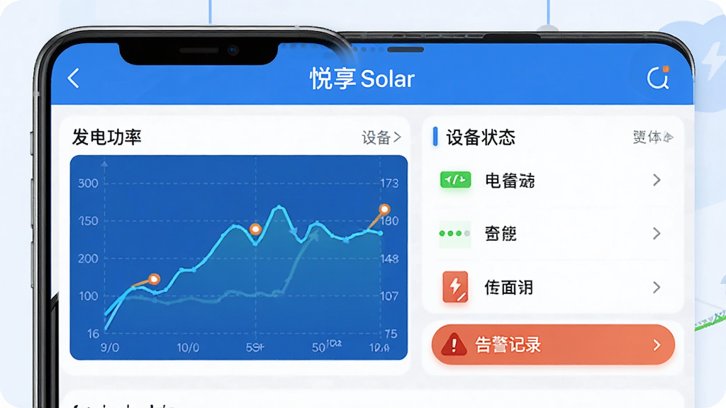 悦享Solar 手机端操作界面 展示电站详情页 包含发电功率曲线 设备状态列表 告警记录 蓝白主题 图标清晰 布局合理 画质干净
