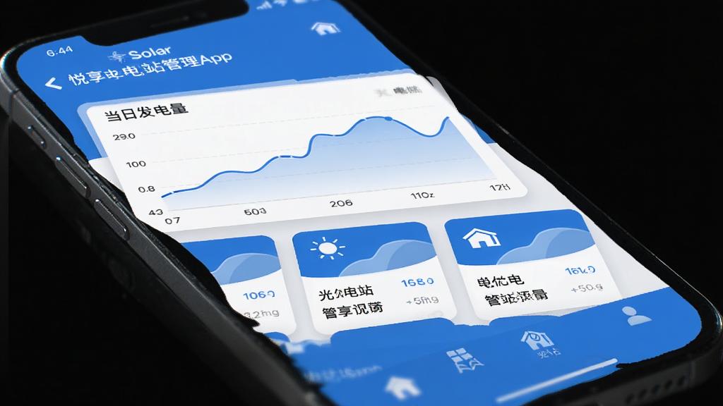 悦享Solar 光伏电站管理App主界面 手机屏幕展示 上方显示当日发电量曲线图 中间为电站列表卡片 底部为导航栏 蓝白配色 扁平化设计 画面干净 无多余元素 高清画质