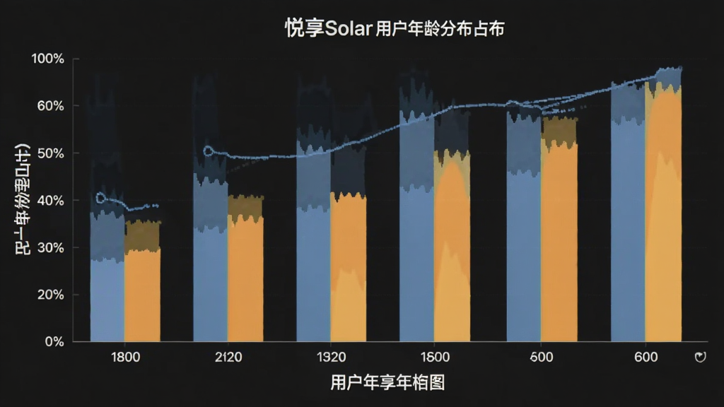 悦享Solar 用户年龄分布柱状图 横轴为年龄段 纵轴为占比 展示18-60岁用户分布 配色简洁 数据清晰 图表风格现代 干净无多余元素