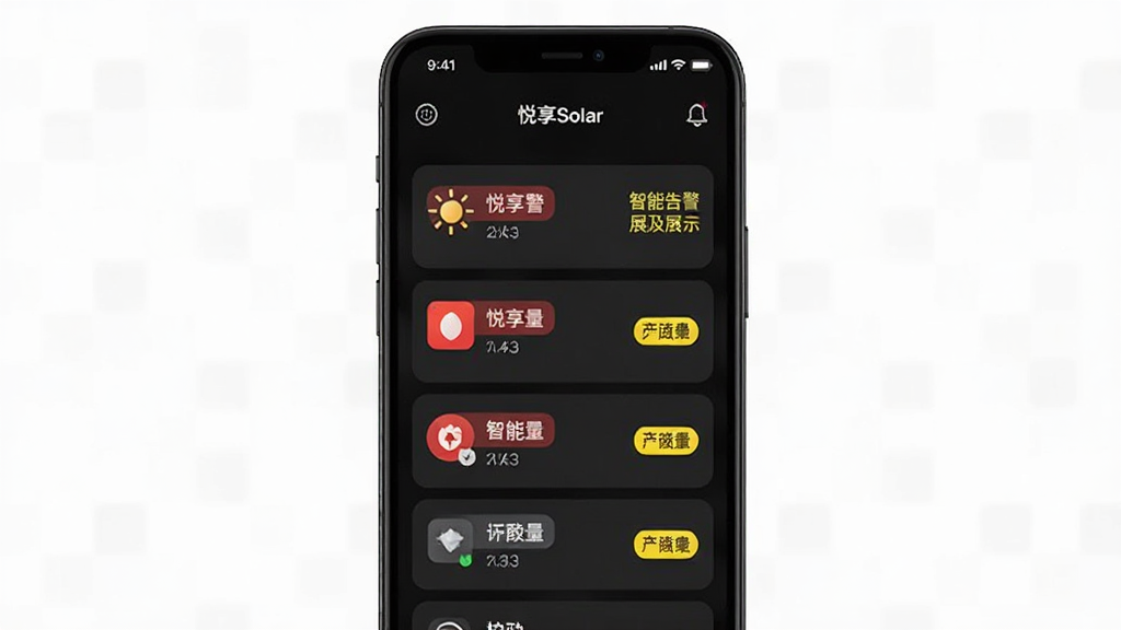 悦享Solar 智能告警功能展示 手机屏幕显示告警列表 红色和黄色标签区分告警等级 背景为深色模式 界面简洁 图标清晰 画质干净
