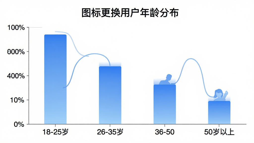 柱状图展示图标更换软件不同年龄段用户占比,横轴为年龄区间18-25岁、26-35岁、36-50岁、50岁以上,纵轴为用户百分比,柱子颜色为蓝色渐变,图表标题为「图标更换用户年龄分布」,背景白色,风格简洁现代,画质干净无多余元素