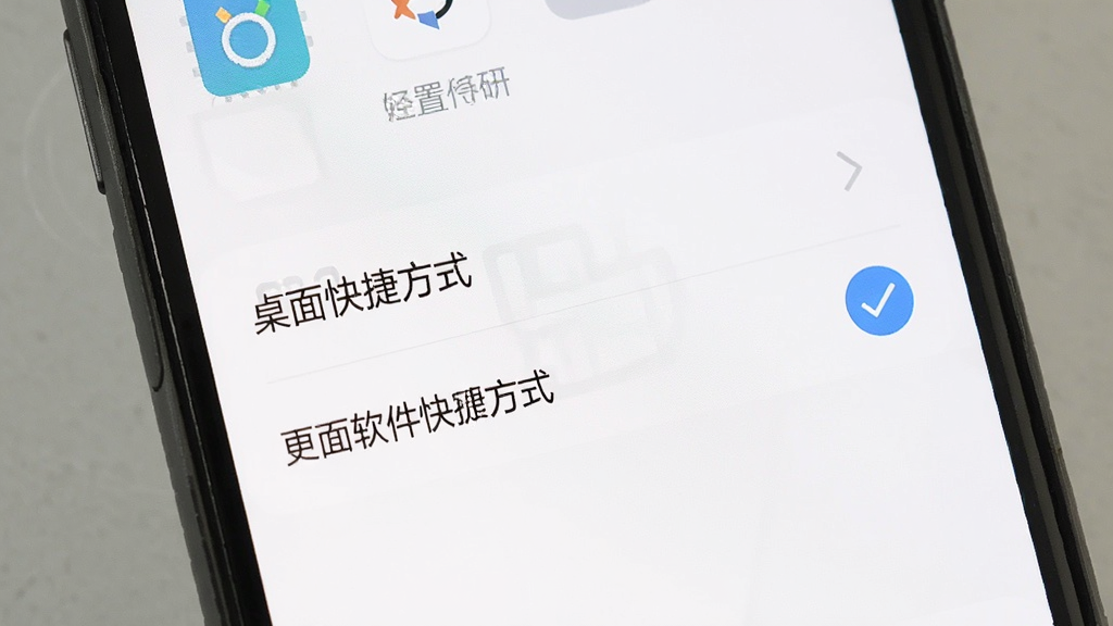 手机屏幕上显示图标更换软件的权限设置界面,用户正在为「桌面快捷方式」权限打勾,界面背景为白色,选项文字清晰可见,整体布局简洁,扁平化设计风格,画质干净无多余元素