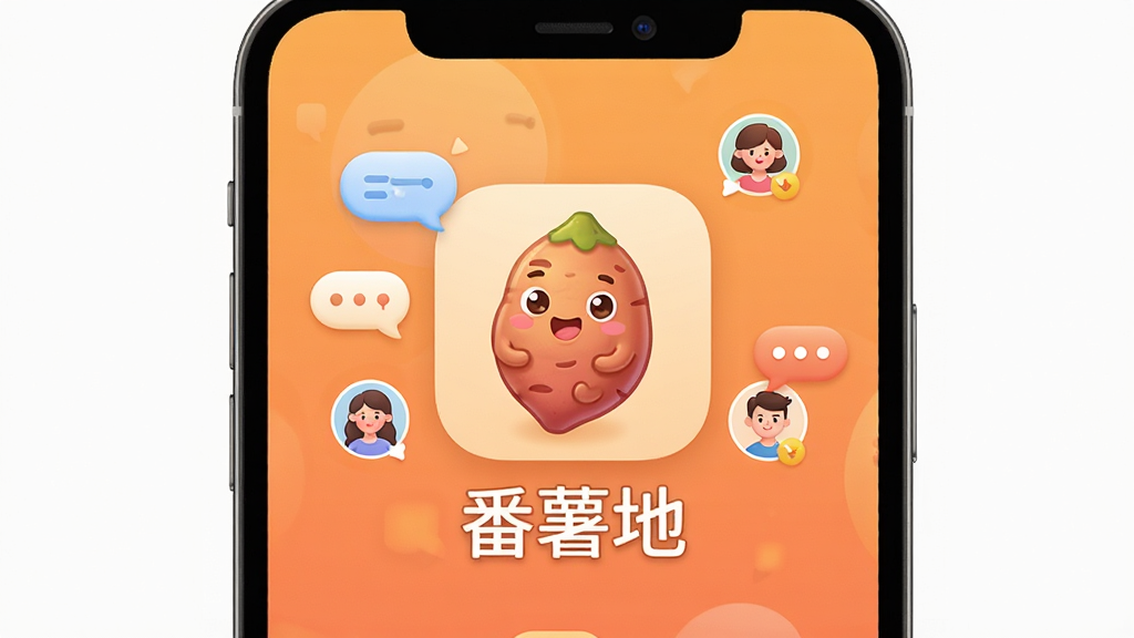 一张手机屏幕展示界面,画面中央是“番薯地”App的图标和名称,图标设计为一颗卡通红薯造型,周围环绕着聊天气泡和用户头像小图标,背景是暖橙色渐变,布局简洁居中,风格轻松活泼,细节圆润,画质干净,无多余元素