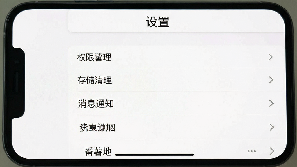一张手机屏幕截图风格,画面中显示“番薯地”App的设置页面,顶部有“设置”文字,中间列出权限管理、存储清理、消息通知等选项,背景为白色,布局采用列表排版,风格简洁,细节清晰,画质干净,无多余元素
