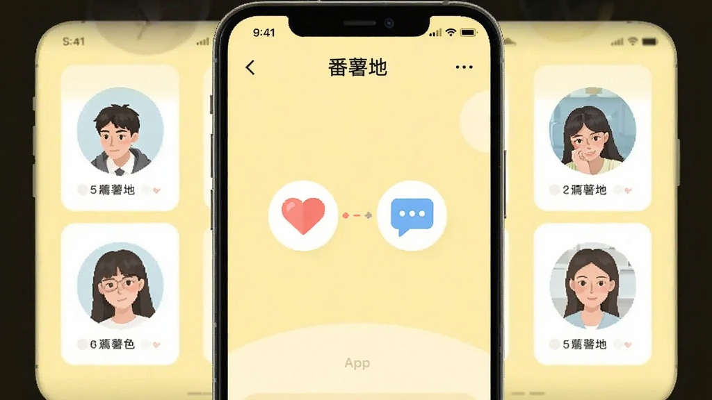 手机界面截图风格,画面中显示“番薯地”App的匹配页面,左右两侧是用户头像卡片,中间有爱心和聊天气泡图标连接,背景为淡黄色,布局采用卡片式排版,风格清新扁平,细节干净,无多余元素