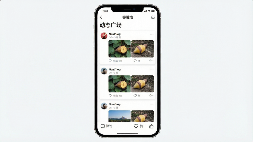 一张手机App界面展示图,画面中显示“番薯地”App的动态广场页面,顶部有“动态广场”文字标题,中间是用户发布的图文卡片,底部有评论和点赞图标,背景为白色,布局采用垂直列表排版,风格简约现代,细节清晰,画质干净,无多余元素