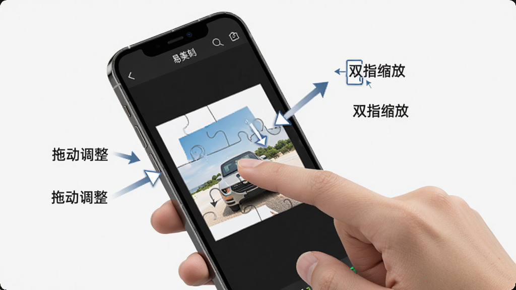 易美刻手机端操作示意图,一只手拿着手机,屏幕上显示拼图编辑界面,手指正在拖动照片调整位置,旁边有箭头标注“拖动调整”“双指缩放”等操作提示,背景简洁,风格清晰,画质干净
