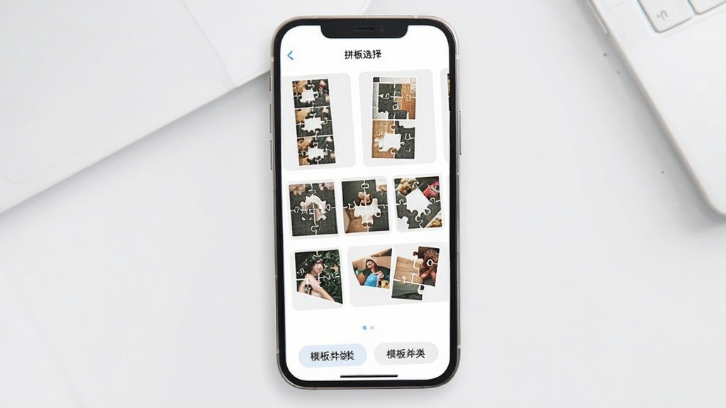 易美刻拼图模板选择界面,手机屏幕展示多个拼图布局缩略图,有横向排列、竖向排列、九宫格、不规则拼贴等样式,底部有模板分类按钮,界面简洁清爽,风格现代,画质干净无多余元素