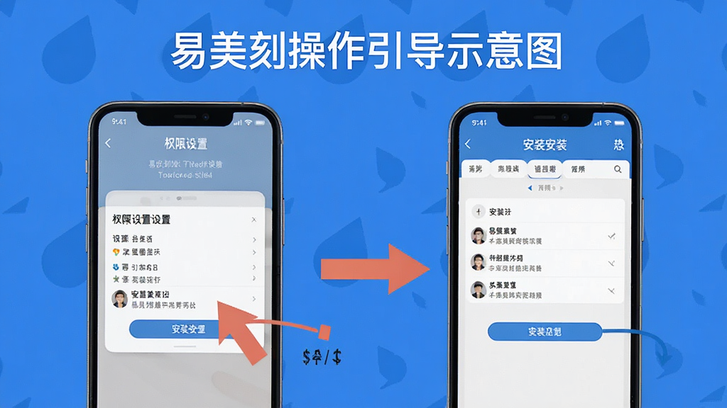 易美刻操作引导示意图,手机屏幕显示权限设置和安装界面,画面中有箭头指示操作步骤,背景简洁,风格扁平化,细节清晰,画质干净无多余元素