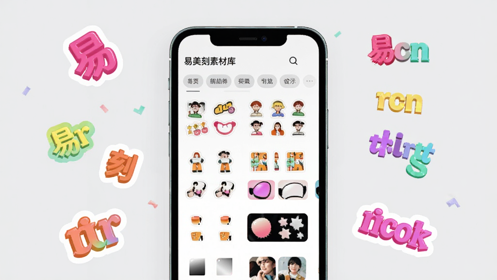 易美刻素材库界面,画面展示手机屏幕中排列整齐的贴纸和滤镜缩略图,分类标签清晰可见,背景是浅灰色,屏幕周围有漂浮的彩色贴纸和字体元素,风格活泼明快,画质干净无多余元素
