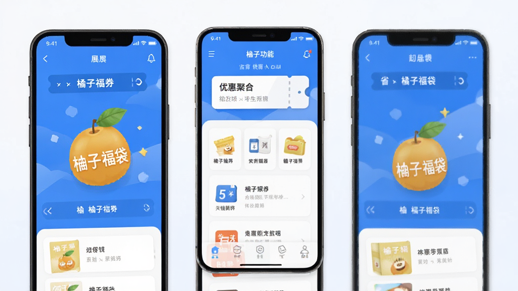 柚子福袋 手机应用主界面 展示 优惠券聚合 省钱功能 布局清晰 蓝白配色 现代扁平风格 干净无多余元素 画质细腻