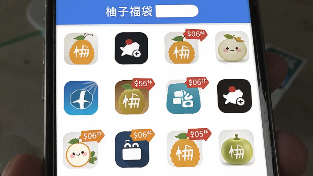 柚子福袋 优惠券搜索界面 手机屏幕展示 多平台图标 折扣标签 排列整齐 蓝白配色 扁平化设计 画质干净
