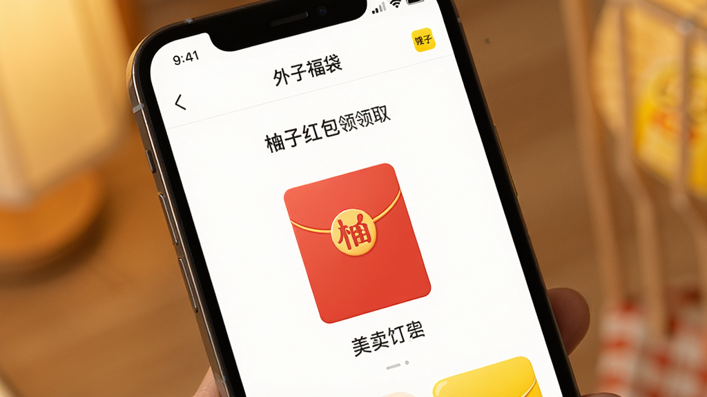 柚子福袋 外卖红包领取页面 手机UI展示 红包图标 美团饿了么标识 简洁排版 暖色调点缀 干净画质