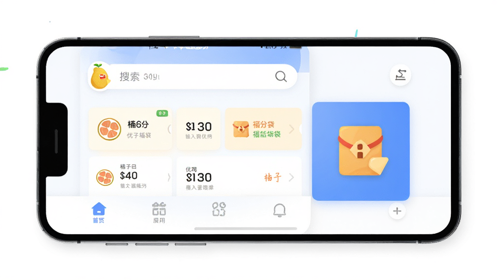 柚子福袋 手机应用主界面 简洁清爽风格 顶部有柚子图标和搜索框 中间是优惠券列表和福袋图标 底部导航栏 蓝白配色 扁平化设计 画面干净 高画质