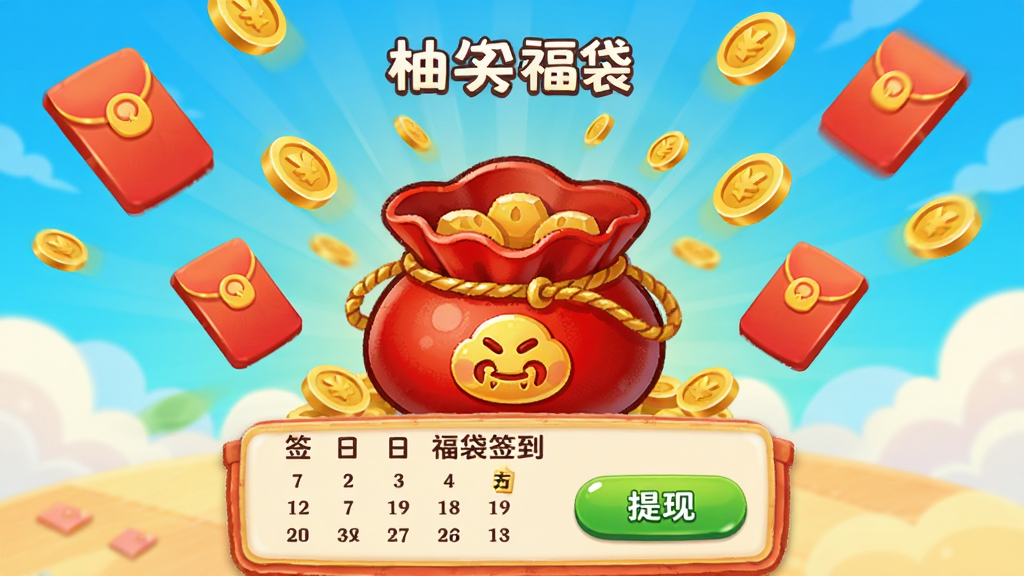 柚子福袋 福袋签到页面 屏幕中央有个打开的红色福袋 周围飘着金币和红包元素 下方有签到日历和提现按钮 卡通风格 色彩鲜艳 画质干净 无多余文字