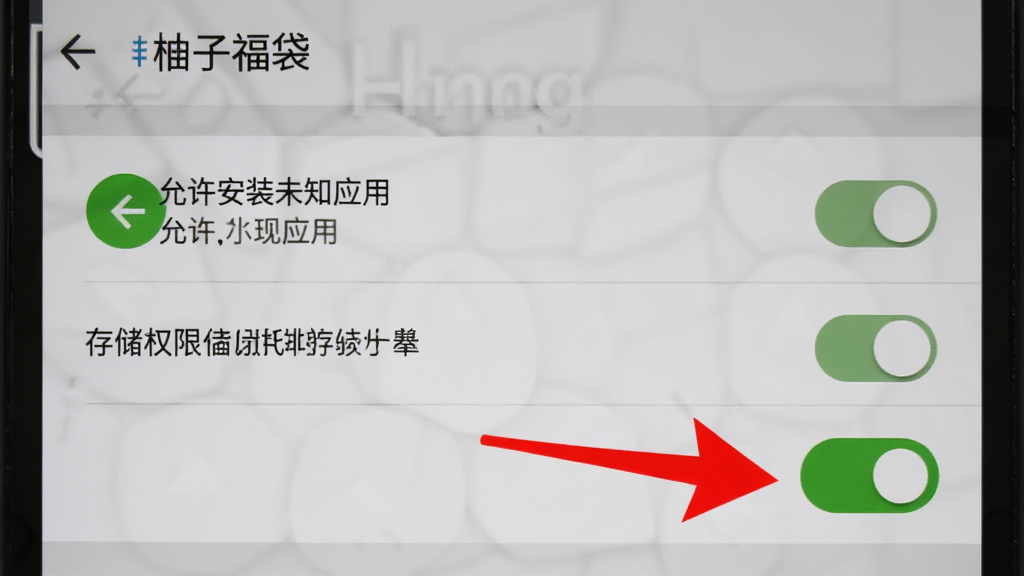 柚子福袋 手机权限设置界面 展示允许安装未知应用和存储权限开关 红色箭头指向开启按钮 背景是安卓设置菜单 风格写实 画质清晰 无多余元素