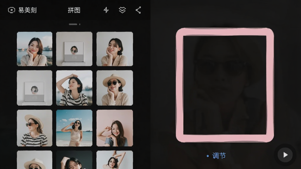 易美刻-手机修图拼图工具 拼图布局模板和边框调节界面