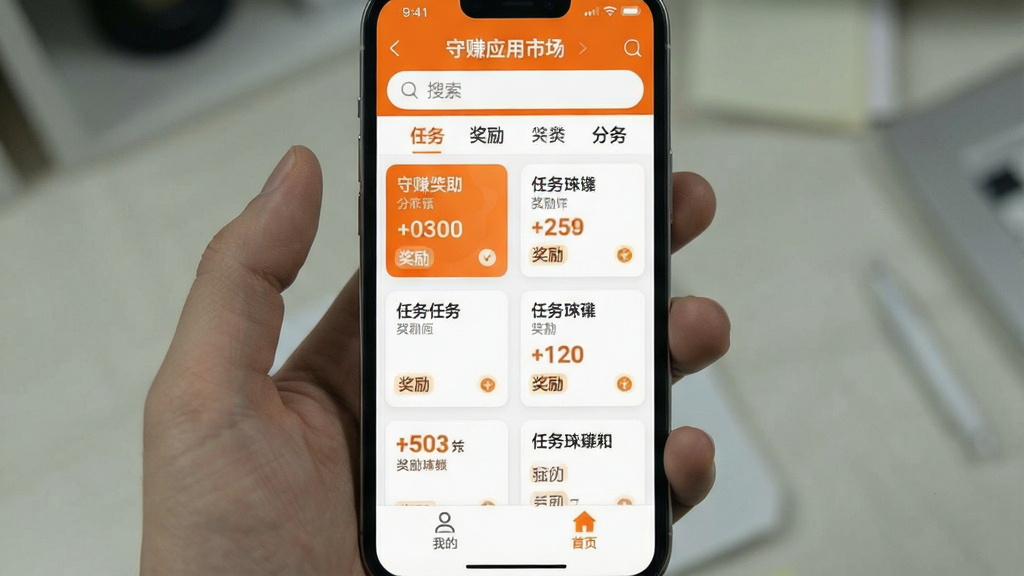 一张手机屏幕截图,画面展示“守赚应用市场”的任务列表界面,顶部有搜索栏和分类标签,中间是整齐排列的任务卡片,每个卡片上标注了任务名称和奖励金额,底部有“我的”和“首页”导航栏,界面以白色和橙色为主色调,风格简洁明快,画质干净无多余元素