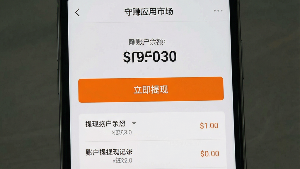 一张手机屏幕截图,画面展示“守赚应用市场”的提现页面,页面中央有“立即提现”按钮,上方显示账户余额,下方有提现记录列表,背景为浅灰色,按钮为橙色,整体风格简洁清晰,画质干净无多余元素