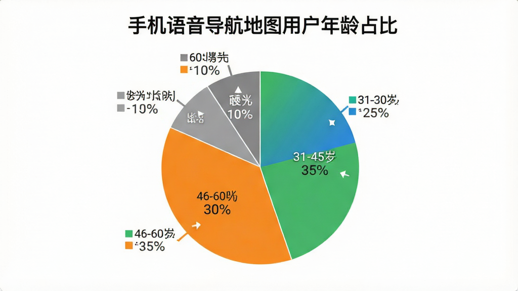 手机语音导航地图用户年龄分布饼状图,图表标题为“手机语音导航地图用户年龄占比”,饼图分为四个扇区,18-30岁占比25%,31-45岁占比35%,46-60岁占比30%,60岁以上占比10%,颜色分别为蓝色、绿色、橙色、灰色,图表风格简洁现代,数据标签清晰,背景干净,画质高清,无多余元素