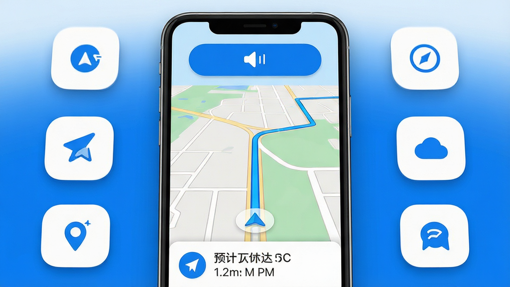 手机语音导航地图应用主界面展示,画面中央是一部智能手机,屏幕显示清晰的地图导航画面,蓝色路线指引明确,顶部有醒目的语音输入按钮,底部显示预计到达时间和距离信息,周围有简洁的导航功能图标环绕,整体风格现代科技感,蓝白配色为主,界面干净整洁,画质高清,无多余元素