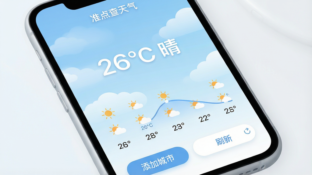 一张手机屏幕特写,屏幕上显示着「准点查天气」APP的主界面,界面设计简洁清新,背景是淡淡的蓝天白云渐变,正中间用大号字体显示着「26°C 晴」,下方排列着未来六天的天气小图标和温度曲线,底部有「添加城市」和「刷新」按钮。画面风格现代扁平化,色彩柔和明亮,手机边框圆润,画质清晰干净,无多余元素。