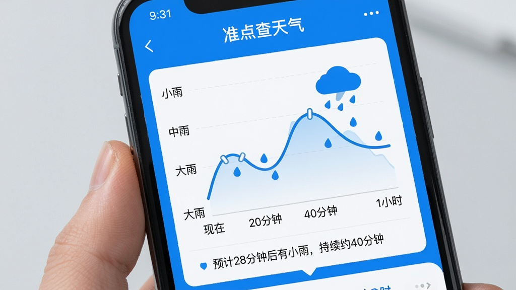 手机界面展示「准点查天气」的分钟级降水预报功能,屏幕中央是一条波浪形的降水曲线图,横轴标注时间「现在、20分钟、40分钟、1小时」,纵轴标注「小雨、中雨、大雨」,曲线下方有文字提示「预计28分钟后有小雨,持续约40分钟」,界面配色以蓝色和白色为主,图表线条清晰,背景干净简洁,画质细腻无噪点。