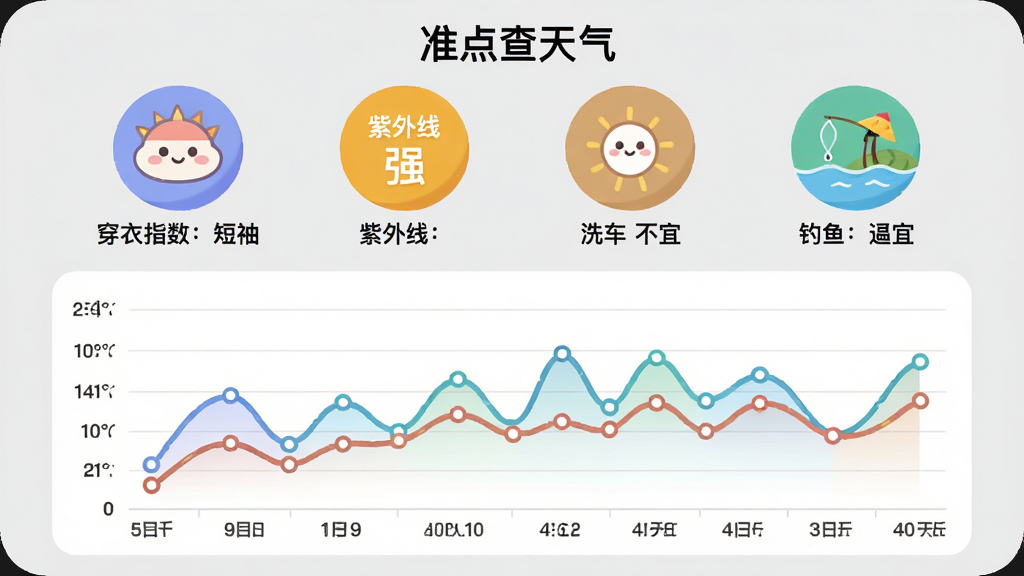 展示「准点查天气」的生活指数页面,屏幕上半部分是一排彩色圆形图标,分别标注「穿衣指数:短袖」「紫外线:强」「洗车:不宜」「钓鱼:适宜」,下半部分是40天天气趋势折线图,横轴是日期,纵轴是温度,线条有起伏变化,界面风格活泼明快,图标设计圆润可爱,背景为浅灰色,画质干净无杂乱元素。