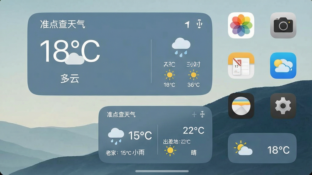一张手机桌面截图,桌面上放置了三个不同尺寸的「准点查天气」小组件,最大的显示当前温度「18°C 多云」和未来三小时预报,中等尺寸显示「老家:15°C 小雨」和「出差地:22°C 晴」,最小尺寸只显示一个天气图标和温度数字,桌面壁纸是简约的风景图,图标排列整齐,整体视觉效果清爽舒适,画质高无锯齿。