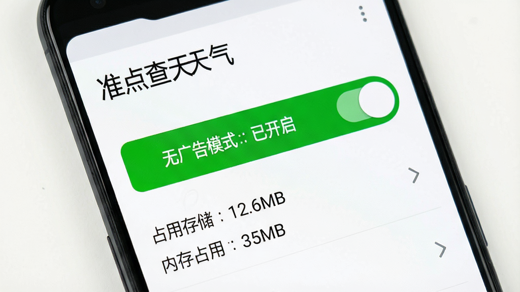 一部安卓手机屏幕显示「准点查天气」的设置页面,页面中有一个醒目的绿色开关按钮显示「无广告模式:已开启」,下方列表显示「占用存储:12.6MB」「内存占用:35MB」,背景为纯白色,文字清晰锐利,界面布局极简,无任何广告横幅或推广链接,画质干净利落。