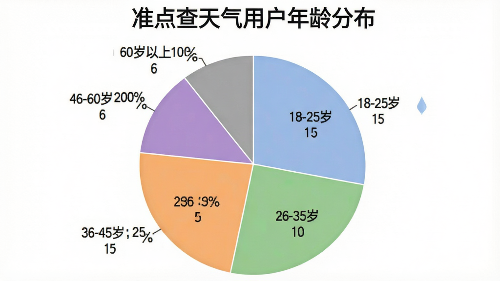 一张数据统计图,标题为「准点查天气用户年龄分布」,采用饼状图形式,图中显示不同年龄段的占比:18-25岁占15%,26-35岁占30%,36-45岁占25%,46-60岁占20%,60岁以上占10%,饼图配色使用柔和的蓝、绿、橙、紫、灰色块,每个扇区旁边标注百分比数字,背景为白色,图表清晰易读,无多余装饰。