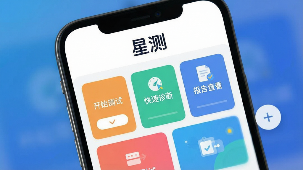 一张展示“星测”App主界面的图片,画面主体是手机屏幕特写,屏幕内容为“星测”的首页,顶部是“星测”文字Logo,下方整齐排列着多个彩色功能卡片,卡片上写着“开始测试”“快速诊断”“报告查看”等字样,界面右侧有一个悬浮的“+”号按钮,背景是模糊的渐变蓝色,突出屏幕的清晰度和UI的扁平化设计,风格简洁明快,画质干净